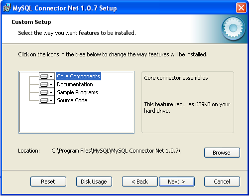 Connector/NET Windows Installer -
Custom setup