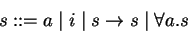 \begin{displaymath}
s ::= a \mid i \mid s \to s \mid \forall a.s
\end{displaymath}