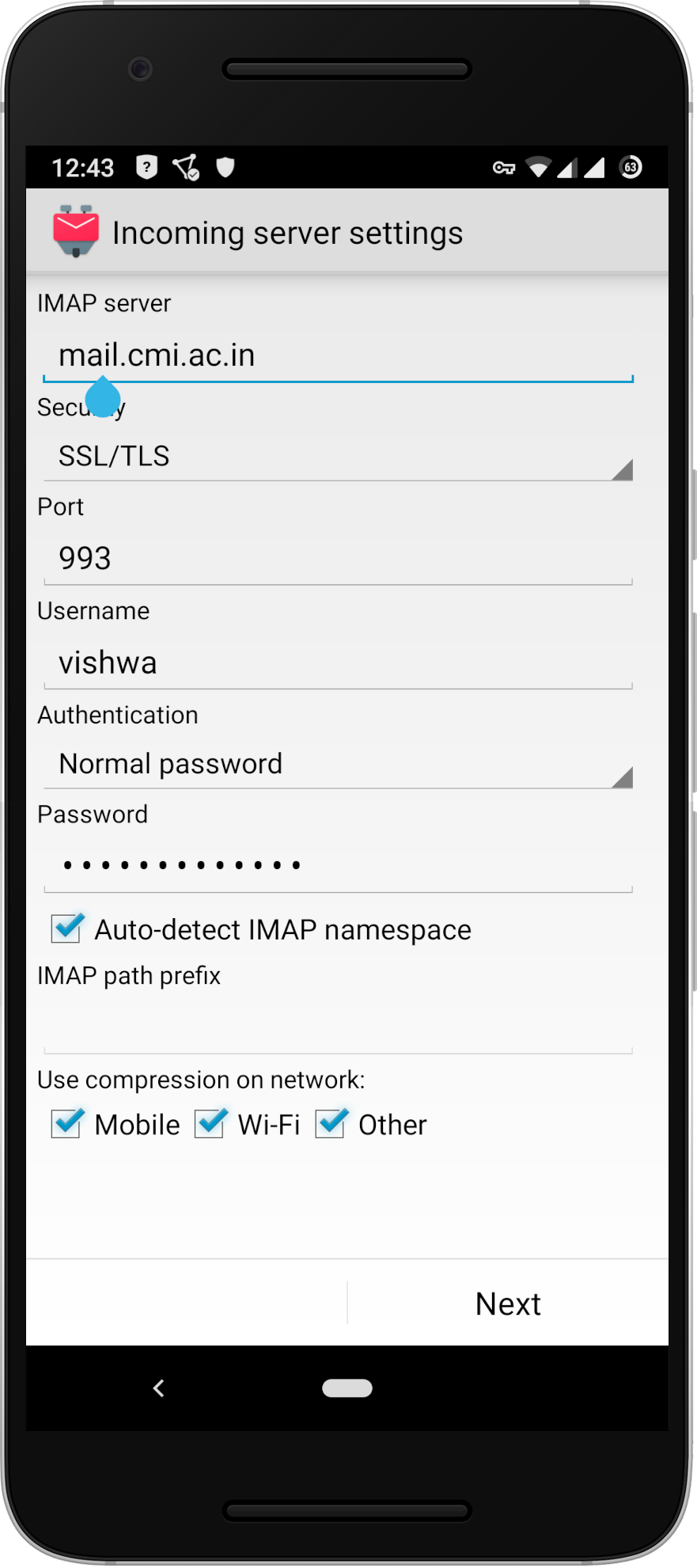 Incoming server settings